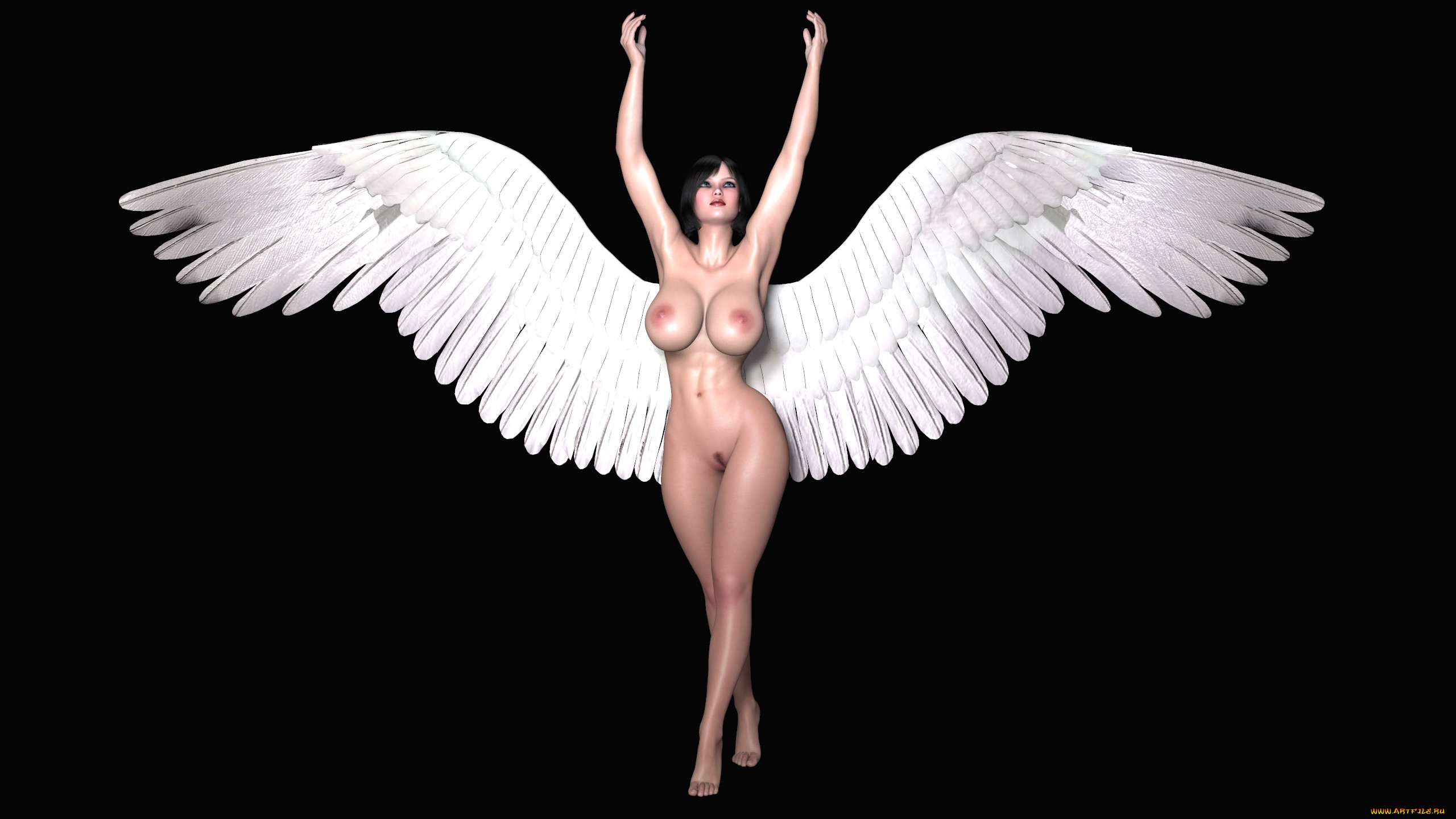 эротика, 3д-эротика, ангел, крылья, грудь, фон, взгляд, девушка.